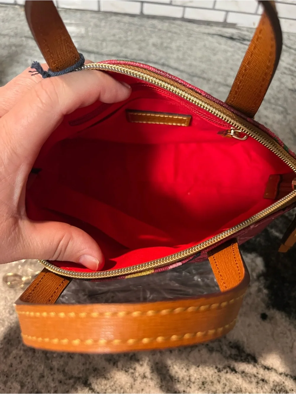 Dooney & Bourke Red Plaid Satchel with Tan Trim